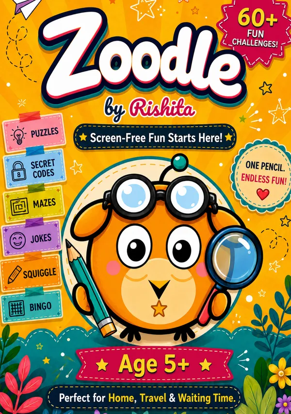 Zoodle by Rishita — activity book cover. Piko the orange bird with goggles, 60+ fun challenges, ages 5–12